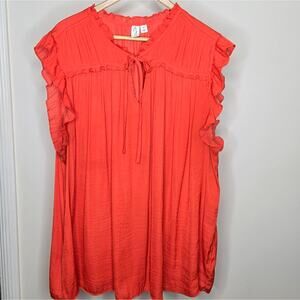 JOIE Women's Ruffled Sleeveless Orange Top Vneck Keyhole Tie Closure Size 3X